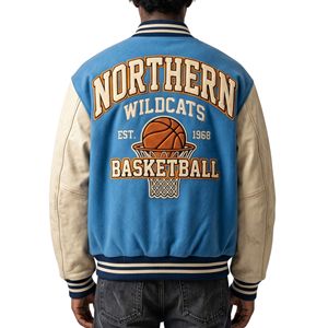 High Quality <b>Light</b> Blue Varsity <b>Jacket</b> N Patch Basketball Embroidery Letterman Coat Cream Sleeve Baseball Varsity <b>Jackets</b> - Product Image 2