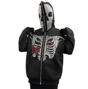 Fashionable Oversized Down Shoulder Skeleton Skull Pattern Printing Hoodies Rhinestones Zipper Pullover Hooded Breathable - Product Image 2