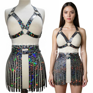 Ensemble de harnais en cuir PVC holographique personnalisé en gros avec jupe à franges |   Fabricant de costumes pour festivals gothiques, punk et rave - Product Image 3