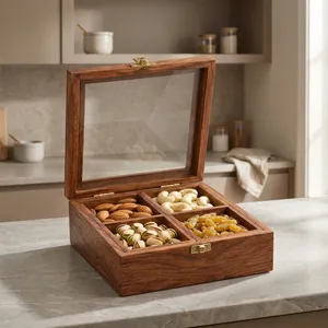 Boîte à épices en bois de Sheesham pour la cuisine, organisateur d'épices à 4 compartiments avec couvercle en verre, conteneur de rangement en bois pour la cuisine - Product Image 6