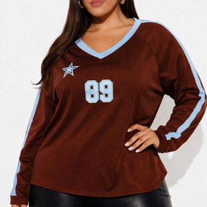 Maillot de sport personnalisé pour femme à manches longues et col en V, respirant, en polyester, pour entraînement, maillot de football américain marron personnalisé - Product Image 6