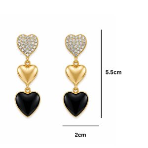 Pendientes colgantes vintage antideslustre con triple corazón y piedra negra para mujeres y niñas - Product Image 3
