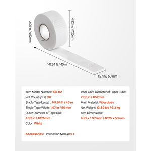Nastro Adesivo in Fibra di Vetro E-Glass per Cartongesso, 5 cm di Larghezza x 45 m di Lunghezza, 36 Rotoli, Facile da Tagliare e Installare - Product Image 3