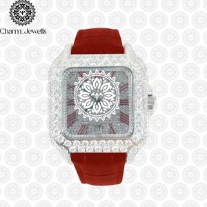 Charm_Jewells Luxury Men's Stainless Steel Watch 40mm Diamond Accents <b>Red</b> Leather Band Analog <b>Date</b> Mechanical Movement 10 Bar - Product Image 1