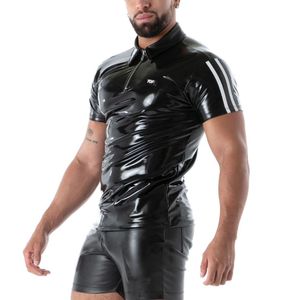 Chemise Polo en Cuir Noir Effet Seconde Peau Manches Courtes Coupe Slim pour Homme – Tenue de Club Fétichiste Sexy et Tendance pour Soirées - Product Image 6