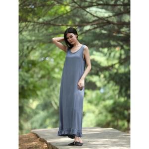 Vestido largo de lino y algodón para mujer, cuello en U, sin mangas, corte holgado, informal, cómodo, para verano y playa - Product Image 4