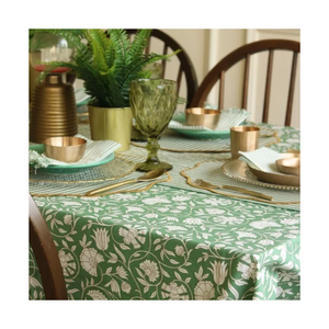 GOTS Certified Lightweight Fabric Outdoor Pastoral Style Washable Floral Printed Linen Cotton <b>Tablecloth</b> Green White Classic - Product Image 1