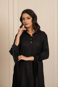 Robe chemise en rayonne noire pour femmes |   Chemise boutonnée à manches longues, longueur genou, décontractée, pour le bureau, confortable, usage quotidien, été - Product Image 3