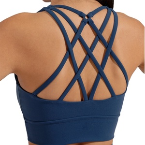 Women Solid Recycle Nylon Spandex Gym Fitness Cross <b>Back</b> Thin Straps Sports Bra - Product Image 2