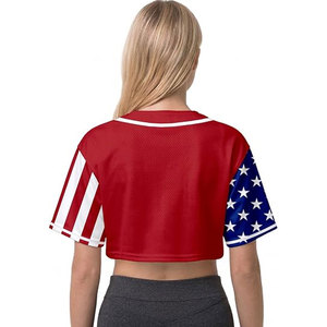 <b>Red</b> Women's USA <b>Cropped</b> Baseball Jersey Button Down Short Sleeve Shirt Breathable Lightweight Comfort V-Neck Crop <b>Top</b> Casual - Product Image 2