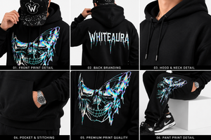 Conjunto de chándal con capucha negro para hombre Whiteaura con estampado de calavera iridiscente, sudadera y pantalones estilo streetwear con cremallera frontal completa - Product Image 5