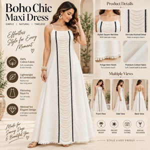 Robe maxi élégante en coton plissé |   Robe longue décontractée pour femmes, col carré, sans manches, style bohème, à franges, pour l'été, la plage, les vacances, les stations balnéaires - Product Image 4