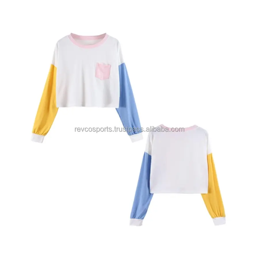 Women multi color crop sweatshirts with front pocket custom girls casualwear autumn sweatshirts quality female cheap sweatshirts