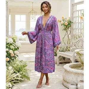 Free Size Korean Geometric Y2K Natural Bohemian Indian Woven Silk A-Line Midi Kimono <b>Sweet</b> Summer V-Neck Long Sleeve - Product Image 1