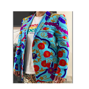 Blazer Vintage Suzani Bordado a Mano, Estilo Étnico Boho-Chic, Ecológico, Transpirable, de Lona, para Otoño, con Cuello en V - Product Image 3