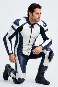 Traje de Motociclismo de Cuero para Hombre, Color Blanco y Azul Marino, con Bloques de Color, Manga Larga, de una Pieza - Product Image 5