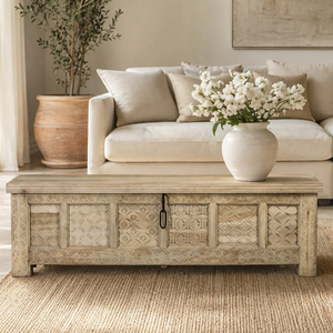 Mesa de Centro Moderna para Sala de Estar, Estilo Caja de Madera de Mango, con Paneles Tallados a Mano, Acabado Natural Lijado con Arena - Product Image 1