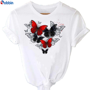 เสื้อยืดผู้หญิงสไตล์เซ็กซี่หวาน พิมพ์ลายดอกกุหลาบและผีเสื้อ ทรงหลวม ระบายอากาศได้ดี เสื้อยืดพิมพ์ลายกราฟิกแขนสั้น มีหลายขนาด - Product Image 3