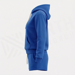 <b>Women's</b> Blue Fleece Hooded Sweatshirt and Shorts <b>Set</b> Casual Loose Fit Solid Color Two Piece Outfit Above Knee Length - Product Image 3