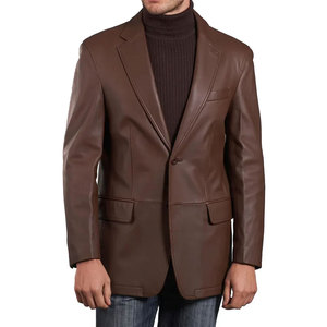 Men's Brown Genuine <b>Leather</b> <b>Long</b> <b>Jacket</b> Collar Casual Style Autumn Wear Regular Fit Solid Color - Product Image 1