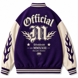 SINEWY Men's Purple Varsity Jacket Embroidered LA Palm Tree Lettering Preppy Style Baseball Coat Autumn Wear - Product Image 2
