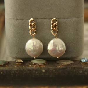Baroque Shaped S925 Silver Button Pearl <b>Earrings</b> Simple Personalized Design <b>Fashion</b> Chandelier Style Chain Collision-Free - Product Image 1