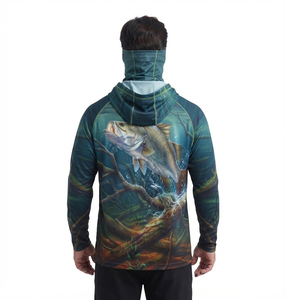 Upf50+ <b>Sun</b> Protection Quick Dry Fishing Hoodies Long Sleeve Polyester Mens Fishing <b>Shirts</b> With Face Mask - Product Image 3