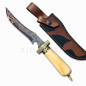 Couteau Bowie à lame fixe, couteau de chasse avec manche en os de chameau, acier damasqué cuivré, couteau de camping et d'extérieur, directement du fabricant - Product Image 1