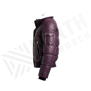 Blouson aviateur en cuir véritable violet avec garniture en fourrure, fermeture éclair, coupe-vent d'hiver, épais, manches longues, couleur unie - Product Image 3