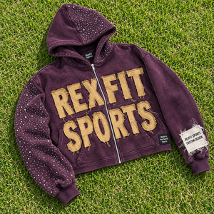 Rexfit Sports Full Zip <b>Hoodie</b> Featuring <b>Large</b> Distressed Applique Rhinestone Detail Soft Fleece Fabric And Relaxed Streetwear - Product Image 6