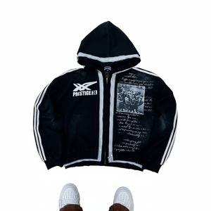 Sudadera con capucha extragrande para hombre, de corte cropped, con estampado, hombros caídos, cremallera, lavado ácido, 100% algodón polar, en dos colores. - Product Image 4