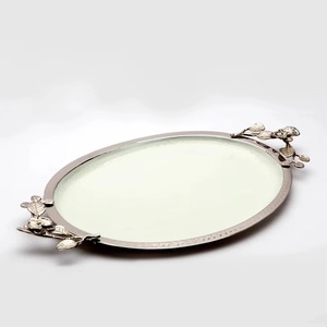 Eye Level Customizable Oval Gold Plated Decorative <b>Tray</b> With Floral Handle Bohemian Style Single Piece - Product Image 2