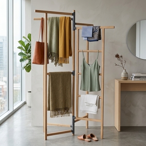 Perchero Plegable de Teca con Múltiples Barras, Estante de Madera para Ropa, Organizador de Mantas y Decoración para el Hogar/Dormitorio - Product Image 5