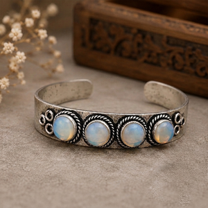 Moon Glow Opalite Four Stone Heritage <b>Cuff</b> Bangle Handmade Gold/<b>Silver</b> Plated Brass Statement Jewelry - Product Image 6