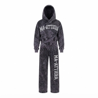 Ensemble de survêtement vintage personnalisé pour femme, comprenant un sweat à capuche court croisé gris anthracite délavé à l'acide et un pantalon de jogging à jambe large, en molleton de coton avec ceinture brodée