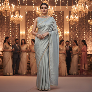 One Minute Ready-to-Wear Silver Space Fendy Silk Saree |Flowy Elegant Drape & <b>Readymade</b> <b>Blouse</b> |Free Size Festive & Wedding Wear - Product Image 3