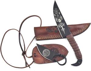 Cuchillos Vikingos de 9.5 Pulgadas, Forjados a Mano, Hoja de Acero con Alto Contenido de Carbono, Cuchillos Celtas de Estilo Nórdico con Diseño de Cuervo de Odín, Collar con Colgante de Cuchillo y Mango de Acero - Product Image 1