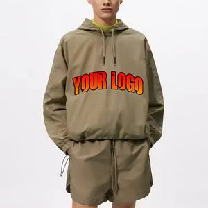 Ensemble de survêtement streetwear pour homme, deux pièces, veste courte à capuche personnalisée, patchwork, logo brodé, délavé à l'acide, 100% coton, OEM - Product Image 1