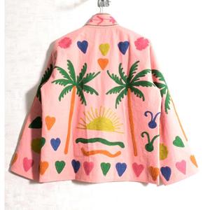 Chaqueta Rosa Bordada a Mano con Flores y Palmeras, Estilo Vacaciones de Verano, Manga Larga, Cuello Camisero, Tejido de Algodón - Product Image 5