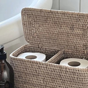 Panier de rangement en rotin pour salle de bain avec couvercle, boîte organisatrice naturelle pour papier toilette, serviettes, accessoires, panier décoratif écologique - Product Image 3