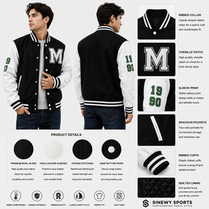 Veste de sport SINEWY pour homme, noir et blanc, style varsity, mélange de laine, manches en nylon/coton, fermeture éclair, col rabattable, doublure matelassée sur le devant - Product Image 1