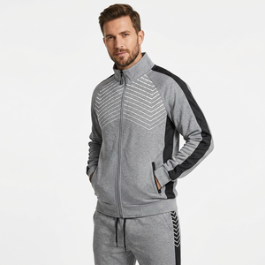Survêtement gris à imprimé géométrique pour homme, veste à fermeture éclair intégrale avec poches latérales et pantalon assorti, tenue sportive d'automne, coupe régulière - Product Image 2