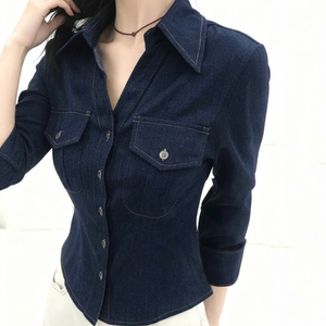Chemise en jean pour femme, coupe droite, manches longues, col rabattu, boutonnée, décontractée, pour le bureau, automne, style vintage, effet amincissant - Product Image 6