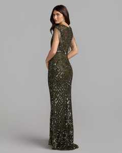Robe de soirée fourreau vert olive brodée à motifs géométriques, avec franges au col, sans manches, longueur ras du sol, robe de bal, soutien-gorge intégré, anti-plis - Product Image 5