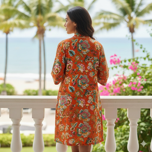 Kimono de Algodón con Estampado Floral Naranja Hecho a Mano |   Bata Larga Estampada a Mano para Mujer |   Ropa de resort premium de manga larga con cuello en V - Product Image 3