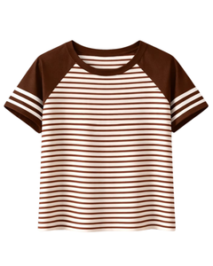Camiseta Raglán Personalizada a Rayas Marrón Café y Blanco, de Algodón, Informal, para Verano, con Mangas en Contraste y Cuello Redondo, Fabricante OEM - Product Image 1