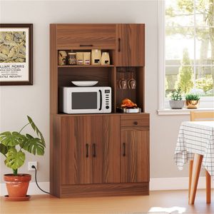 Mobile da Cucina Multifunzionale in Teak con Ripiani Regolabili, Portabicchieri e Design con Cassetto Anti-Ribaltamento - Product Image 2