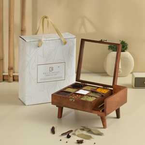 Compartment Wooden Table Top Masala Dabba Containers Jars & Kitchen <b>Spice</b> <b>Box</b> with Wooden Spoon - Product Image 5