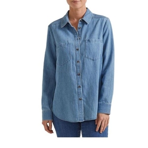 Camisas de Mezclilla de Algodón Azul Lavado de Primera Calidad para Mujer, Estilo Clásico, Manga Larga, Casual, Formal, Corte Holgado, Estilo Western - Product Image 3