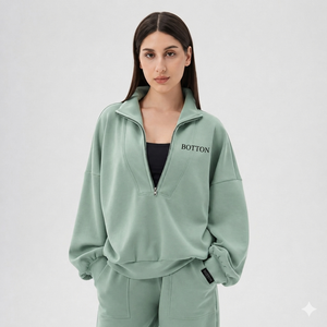 Sudadera casual personalizada con logo bordado en la parte delantera, de tejido grueso de poliéster/algodón, con cuello alto simulado, para mujer. - Product Image 3